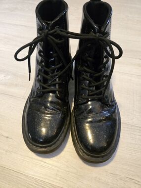 Doc Martens Black Patent Combat Boots with Subtle Sparkle